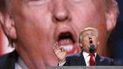 Republican presidential nominee Donald Trump delivers his address during the final day of the 2016 Republican National Convention at Quicken Loans Arena in Cleveland, Ohio. Michael Reynlds / EPA
