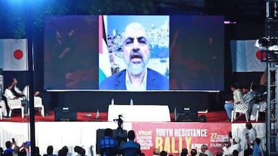 Khaled Mashal's speech is broadcast at a pro-Palestine event staged by Solidarity Youth Movement, youth wing of Jamaat-e-Islami Hind, in Malappuram on Saturday