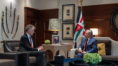 King Abdullah II, right, received Jonathan Powell, the UK's National Security Adviser, at Al Husseiniya Palace last week, after Mr Powell's visit to Israel. Photo: The Royal Hashemite Court