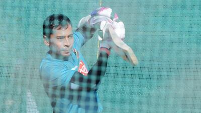Bangladesh captain Mushfiqur Rahim bats at nets during a practice session on the eve of the only Test match between India and Bangladesh at the Rajiv Gandhi International Cricket Stadium in Hyderabad on February 3, 2017. India will play one Test match against Bangladesh from 9-13 February 2017. Noah Seelam / AFP