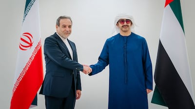 Sheikh Abdullah bin Zayed, Deputy Prime Minister and Minister of Foreign Affairs, greets Abbas Araghchi, Iran's Minister of Foreign Affairs, on his arrival in Abu Dhabi. Wam Foreign Minister of Iran