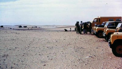 Philip Horniblow, Director of Health, Abu Dhabi, in light shirt, leading a medical ‘hearts and minds’ operation to bring health services to Al Dhafra (the western region) at some point from 1968 to 1969. The operation was run by the medical services of the Abu Dhabi Defence Force. Courtesy: Major R Hitchcock