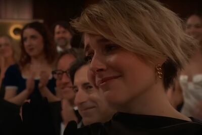 Director Greta Gerwig was obviously moved by Billie Eilish's win. Photo: Golden Globes