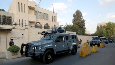 The Jordanian capital Amman witnesses the intensive presence of security forces during a protest outside the French embassy to protest French President Emmanuel Macron's defence of cartoons depicting the Prophet Mohammed. Calls to boycott French goods are growing in the Arab world and beyond, after Macron criticised Islamists and vowed not to "give up cartoons" depicting the Prophet Mohammed in recent comments that came in response to the beheading of a teacher, Samuel Paty, outside his school in a suburb outside Paris earlier this month, after he had shown cartoons of the Prophet Mohammed during a class he was leading on free speech. AFP