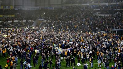 General view as Hull fans celebrate on the pitch after reaching the Sky Bet Football League Championship Play-Off Final. Reuters / Ed Sykes