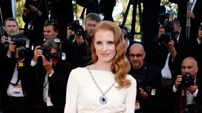 Jessica Chastain, in a white Versace Collection gown, attends the 'Cleopatra' premiere during the 66th Annual Cannes Film Festival on May 21, 2013. Getty Images