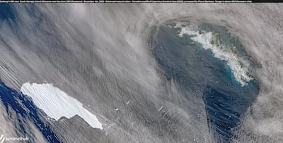 A satellite image of the A-68A iceberg as it approaches South Georgia island (R) in the South Atlantic, December 4, 2020. Copernicus Sentinel-Pierre Markuse/ Reuters