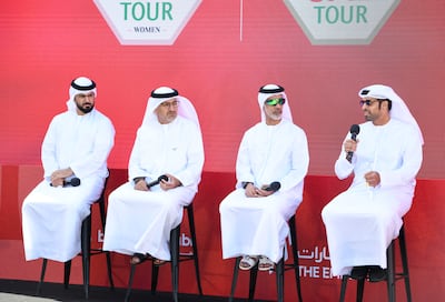 From left: Hassan Habib, Deputy Manager at Dubai Sports Channel, Aref Al Awani, General Secretary of Abu Dhabi Sports Council, Mohamed Al Qubaisi, Vice President of UAE Cycling Federation, and Al Nekhaira Al Khyeli, CEO of Abu Dhabi Cycling Club, during UAE Tour Women press conference in Abu Dhabi. Khushnum Bhandari / The National
