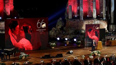 Art director of the festival, Leo Gullotta, speaks on stage. Getty Images