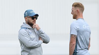 England coach Brendon McCullum and captain Ben Stokes chat during nets at Trent Bridge. Getty