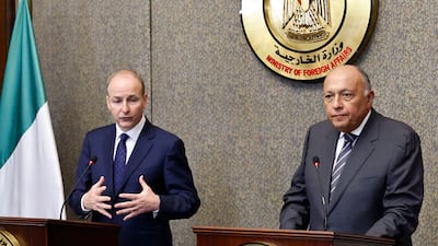 Ireland's Foreign Affairs Minister Micheal Martin, left, and Egyptian Foreign Minister Sameh Shoukry in Cairo. AFP