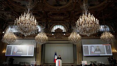 French president Emmanuel Macron speaks during the national conference on Handicap held at the Elysee Palace in Paris. AFP