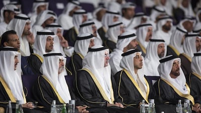 (L-R) Ahmed Al Zaabi, Deputy Minister of Presidential Affairs, Sheikh Nahyan bin Mubarak, Minister of Culture and Knowledge Development, Sheikh Mohammed bin Khalifa, Abu Dhabi Executive Council Member, Sheikh Mansour bin Zayed, Deputy Prime Minister and Minister of Presidential Affairs, and Sheikh Saif bin Mohammed, attend the Mother of the Nation Festival opening ceremony at Abu Dhabi National Exhibition Centre (ADNEC). Ryan Carter / Crown Prince Court - Abu Dhabi