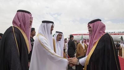 The Abu Dhabi Crown Prince greets a Saudi dignitary upon arriving in Riyadh to attend the GCC Summit. Seen with King Salman. Mohamed Al Hammadi / Crown Prince Court - Abu Dhabi