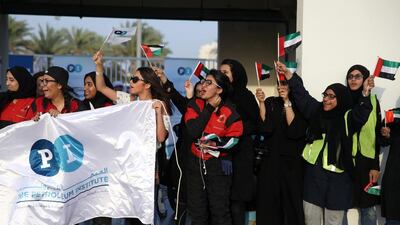 The Petroleum Institute girls team cheer on their school during the final day of the challenge. Delores Johnson / The National