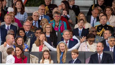 The Duchess of Cambridge, Prince Louis, Princess Charlotte, Prince George and Prince William at the pageant. Reuters