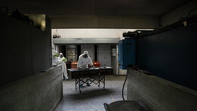 An employee readies the body of a woman who died from the new coronavirus for cremation at La Recoleta crematorium in Santiago, Chile. AP Photo