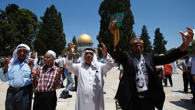 Friday prayers in front of the al-Aqsa mosque compound in Jerusalem on June 17, 2016 after Israel allows Palestinians in from Gaza. Ahmad Gharabli / Agence France-Presse