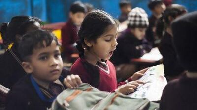 Children at a UKG (Under Kinder Garten) class at the Pioneer Public School in St Nagar, Burari, New Delhi.