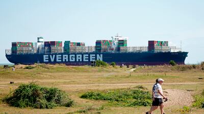 The container ship 'Ever Given' arrives at the UK's Port of Felixstowe in Suffolk.