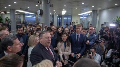 Mike Pompeo (centre) and James Mattis briefed the Senate in a closed session and urged them to reject the bid. EPA