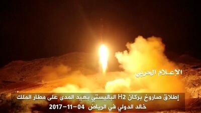 A still image taken from a video distributed by Yemen's pro-Houthi Al Masirah television station on November 5, 2017, shows what it says was the launch by Houthi forces of a ballistic missile aimed at Riyadh's King Khaled Airport a day earlier. Houthi Military Media Unit via Reuters TV