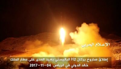 A still image taken from a video distributed by Yemen's pro-Houthi Al Masirah television station on November 5, 2017, shows what it says was the launch by Houthi forces of a ballistic missile aimed at Riyadh's King Khaled Airport a day earlier. Houthi Military Media Unit via Reuters TV