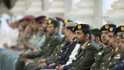 Sheikh Mohammed bin Zayed, Crown Prince of Abu Dhabi Deputy Supreme Commander of the Armed Forces (not shown) receives high ranking members of the Armed Forces and Ministry of Interior during an iftar reception at Al Bateen Palace. Ryan Carter / Crown Prince Court — Abu Dhabi