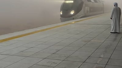 Etihad Rail arrives at Sharjah’s Al Dhaid station on foggy morning
